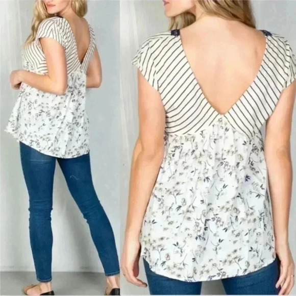 Stripe and Floral Pattern Short Sleeve Top BOUTIQU - Picture 2 of 2